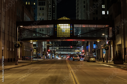 Canvas Print An overpass and a downtown street lit at night