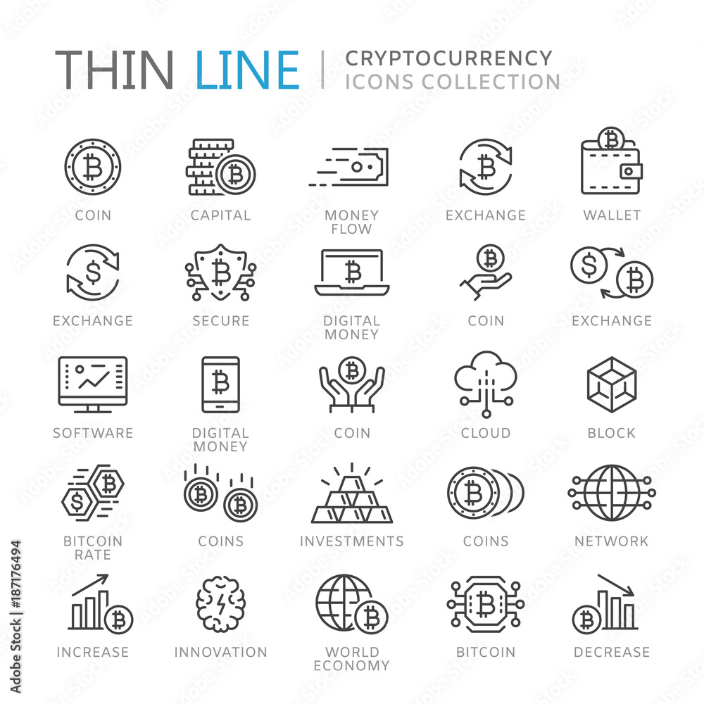 Collection of cryptocurrency thin line icons Collection of cryptocurrency thin line icons