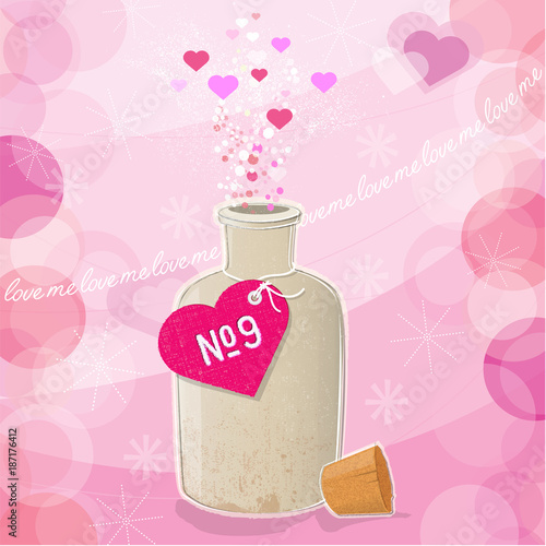 Retro magic spell love potion bottle and hearts