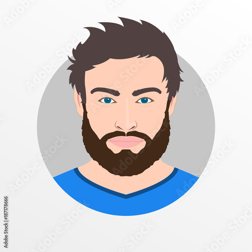 Male avatar icon or portrait. Handsome young man face with beard. Vector illustration.
