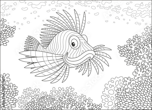 A striped scorpion fish swimming over a coral reef in a tropical sea, a black and white vector illustration in cartoon style for a coloring book