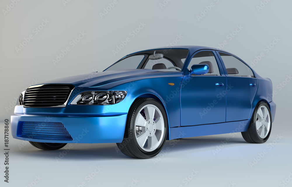 Three-Dimensional Blue Sedan Studio Shot