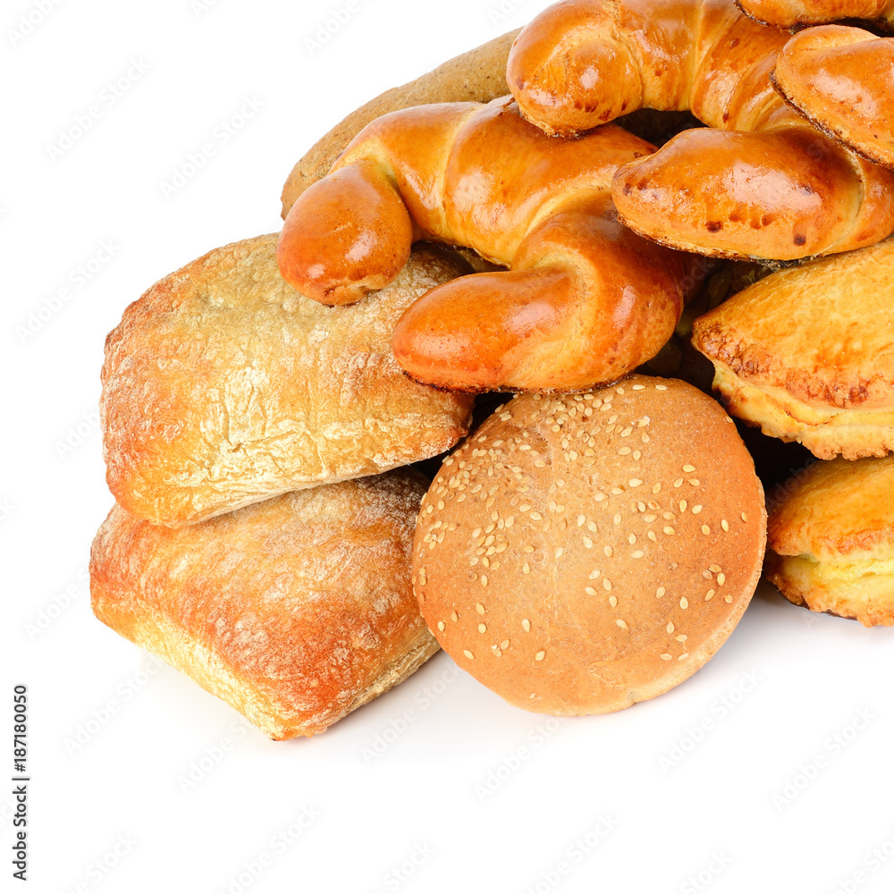 Cereal bread, croissants and sweet pastries isolated on white background.