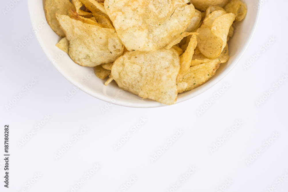 Simple potato chips on white background Simple potato chips on white background
