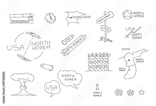 North Korea and US International relationships conflict Set. Dialogue on nuclear weapons missile. Hand drawn vector stock illustration.
