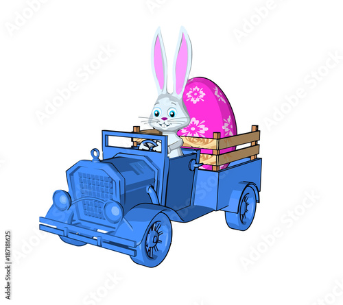 Easter card hare chauffeur oldtimer machine retro large pink egg cartoon style white background isolate