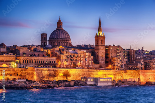 Valletta, Malta: skyline from Marsans Harbour at sunset. The cathedral © krivinis