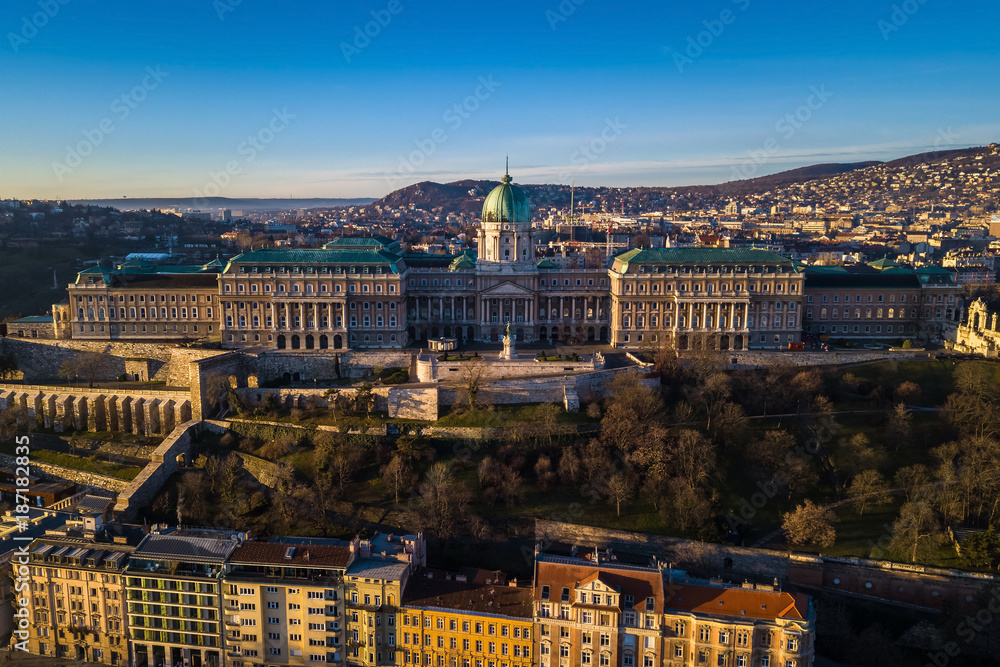 Budapest, Hungary - Aerial view of Buda Castle Royal Palace early in the morning with clear blue sky
