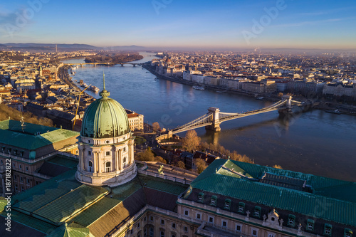 Budapest, Hungary - Aerial skyline view of Budapest with Buda Castle Royal Palace, Szechenyi Chain Bridge and Margaret Island early in the morning with clear blue sky