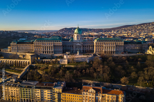 Budapest, Hungary - Aerial view of Buda Castle Royal Palace early in the morning with clear blue sky
