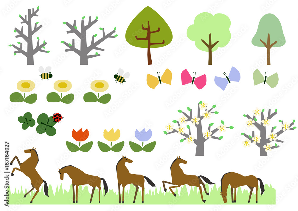 野生馬の群れと春の植物のパーツ 素材集 イラスト素材 Stock Vector Adobe Stock