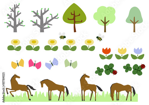 野生馬の群れと春の植物のパーツ。素材集。イラスト素材。