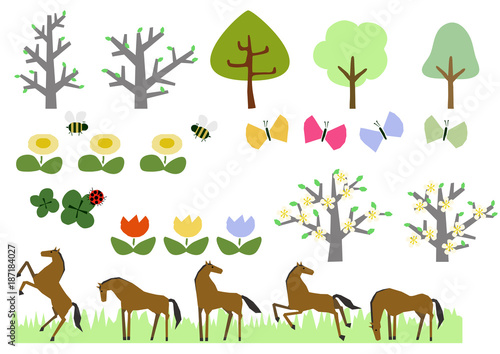 野生馬の群れと春の植物のパーツ。素材集。イラスト素材。