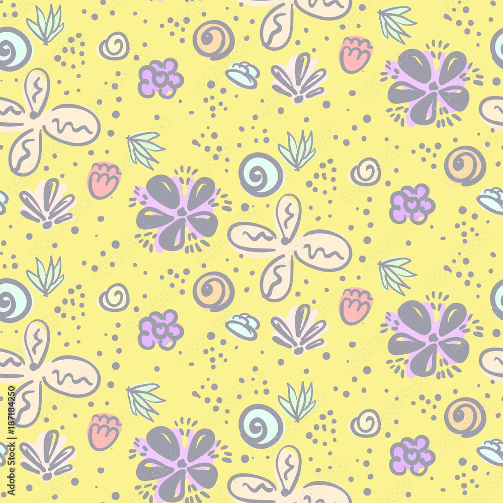 Cute yellow naive doodle floral seamless pattern. Lovely simple hand drawn texture with pink and violet flowers, lines and blotches for childrens textile, wrapping paper, wallpaper, background