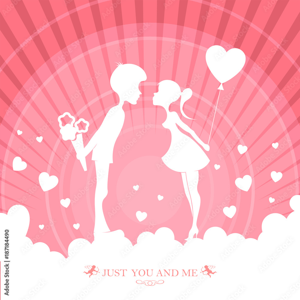 design of pink color with a silhouette of a guy with flowers and a girl with a balloon design of pink color with a silhouette of a guy with flowers and a girl with a balloon