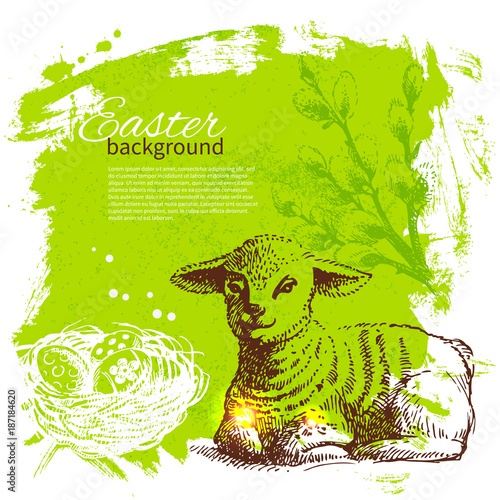 Vintage Easter background with hand drawn sketch illustrations 