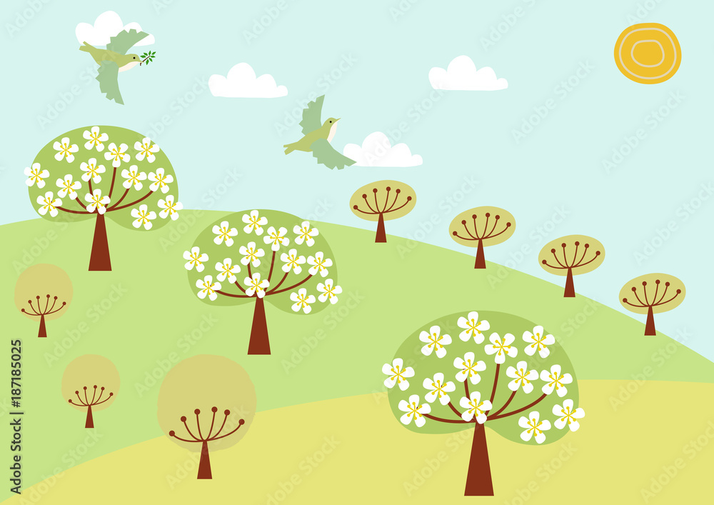 小鳥と春の風景のイラスト 春の景色 自然のイラスト Stock Vektorgrafik Adobe Stock