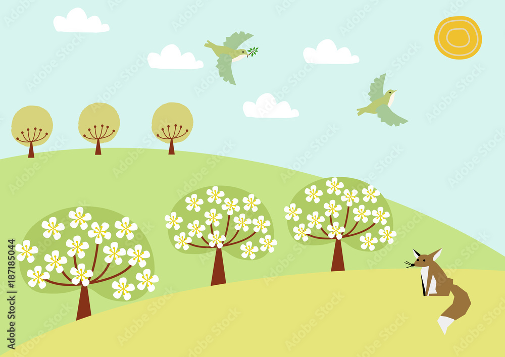小鳥と春の風景のイラスト 春の景色 自然のイラスト Stock ベクター Adobe Stock