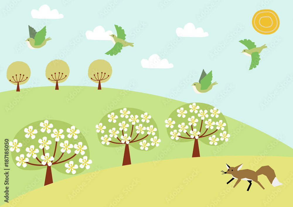 小鳥と春の風景のイラスト 春の景色 自然のイラスト Stock Vector Adobe Stock