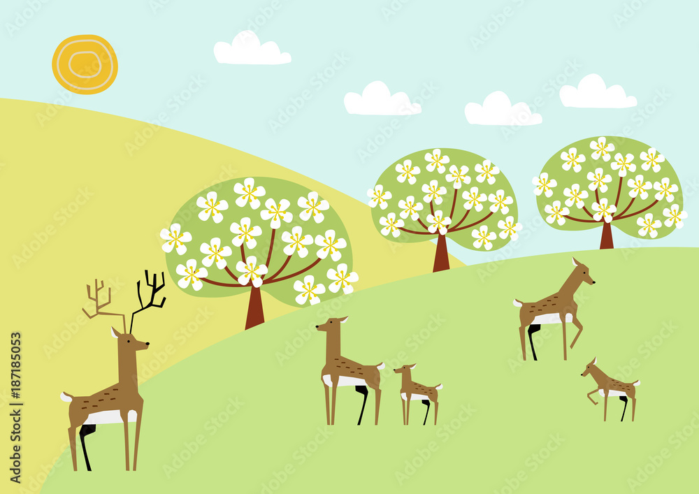 鹿の群れと春の景色 自然のイラスト 春の素材 Stock Vector Adobe Stock