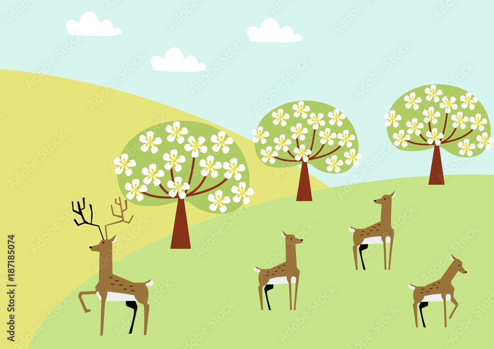 鹿の群れと春の景色。自然のイラスト。春の素材。 鹿の群れと春の景色。自然のイラスト。春の素材。