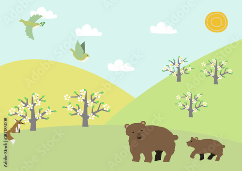 クマと春山の景色。春のイラストレーション。