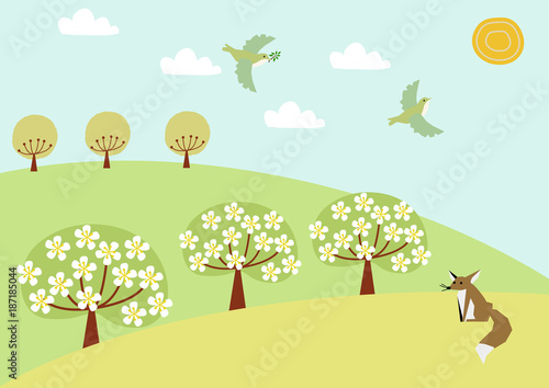 小鳥と春の風景のイラスト 春の景色 自然のイラスト Stock ベクター Adobe Stock