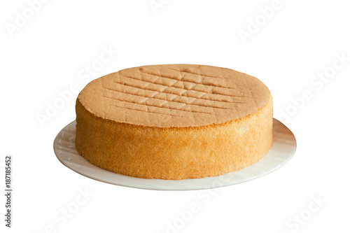 Konstfotografi Homemade chiffon or sponge cake on white plate on white isolated background with clipping paths