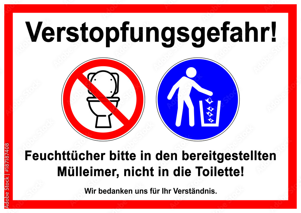 ks279 Kombi-Schild - Verstopfungsgefahr: Feuchttücher bitte in den  bereitgestellten Mülleimer, nicht in die Toilette! - english: do