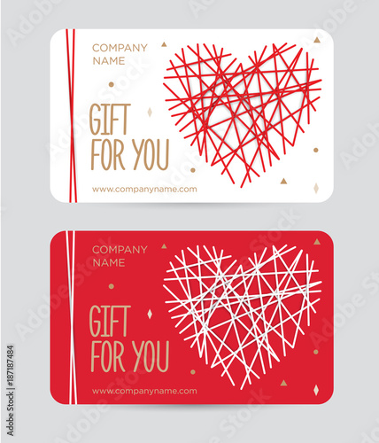 Gift card with heart for Valentine's day. Gift certificate for a birthday. Heart on a red background. Vector Design template for coupon and certificate for a spa, beauty salon, shops and restaurants