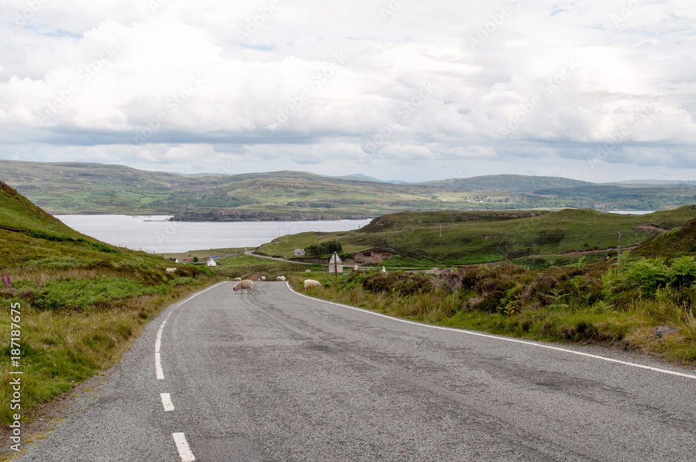 Mountainous landscape with road on Isle of Skye island in Scotland