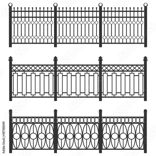 Metal fence-grid, forged fence. A set of fences made of black grating. Isolated chain linked fences metal.