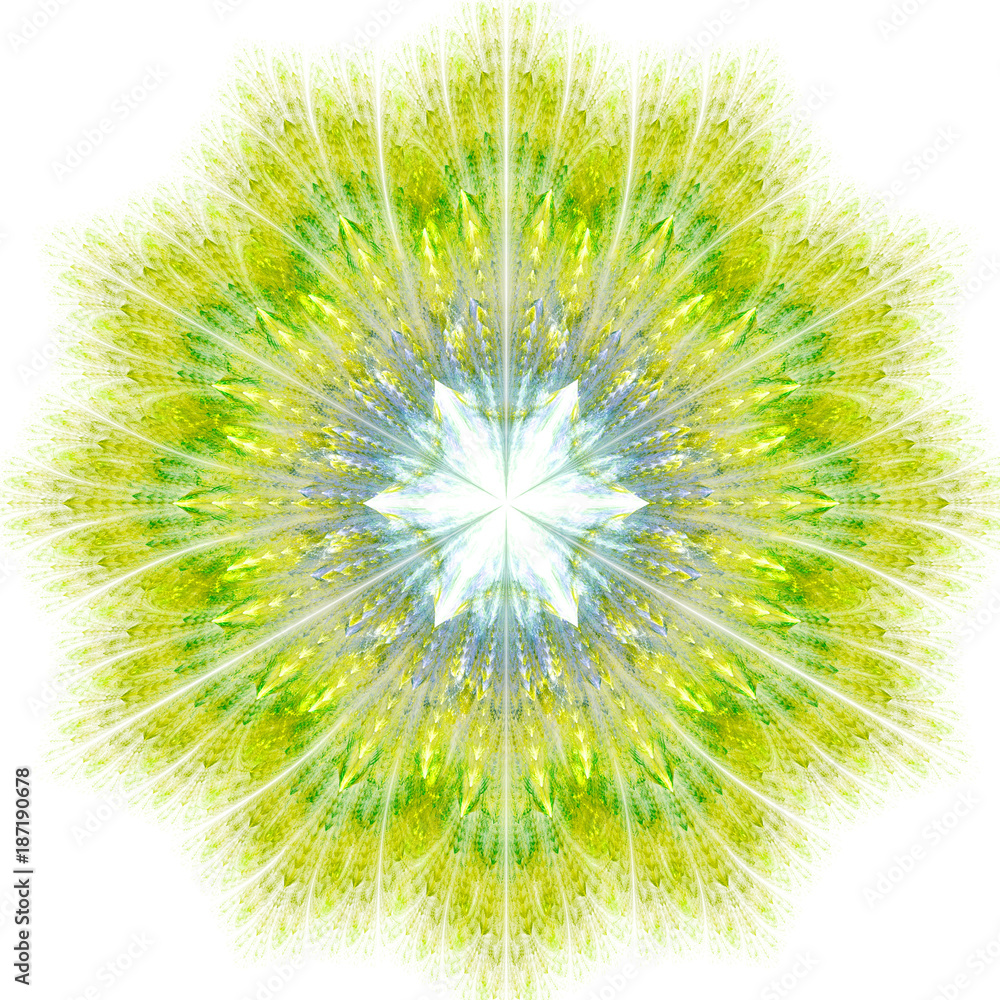 Fototapeta premium Exotic snowflake with magical glow. Cabalistic sign. 3D surreal illustration. Sacred geometry. Mysterious psychedelic relaxation pattern. Fractal abstract texture. Digital artwork graphic astrology