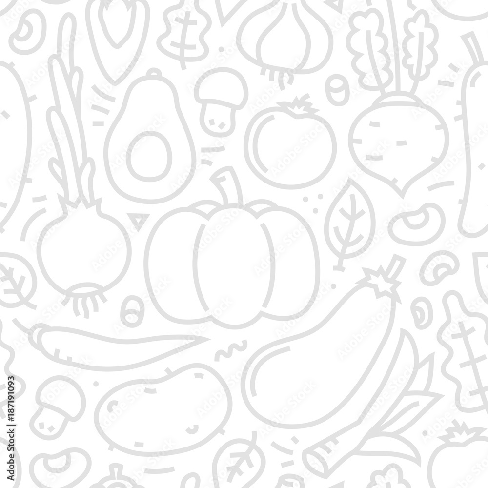 Lineart Flat Style Vegetables seamless vector pattern on white background