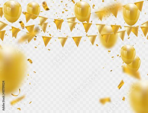 Celebration party banner with golden balloons and serpentine.