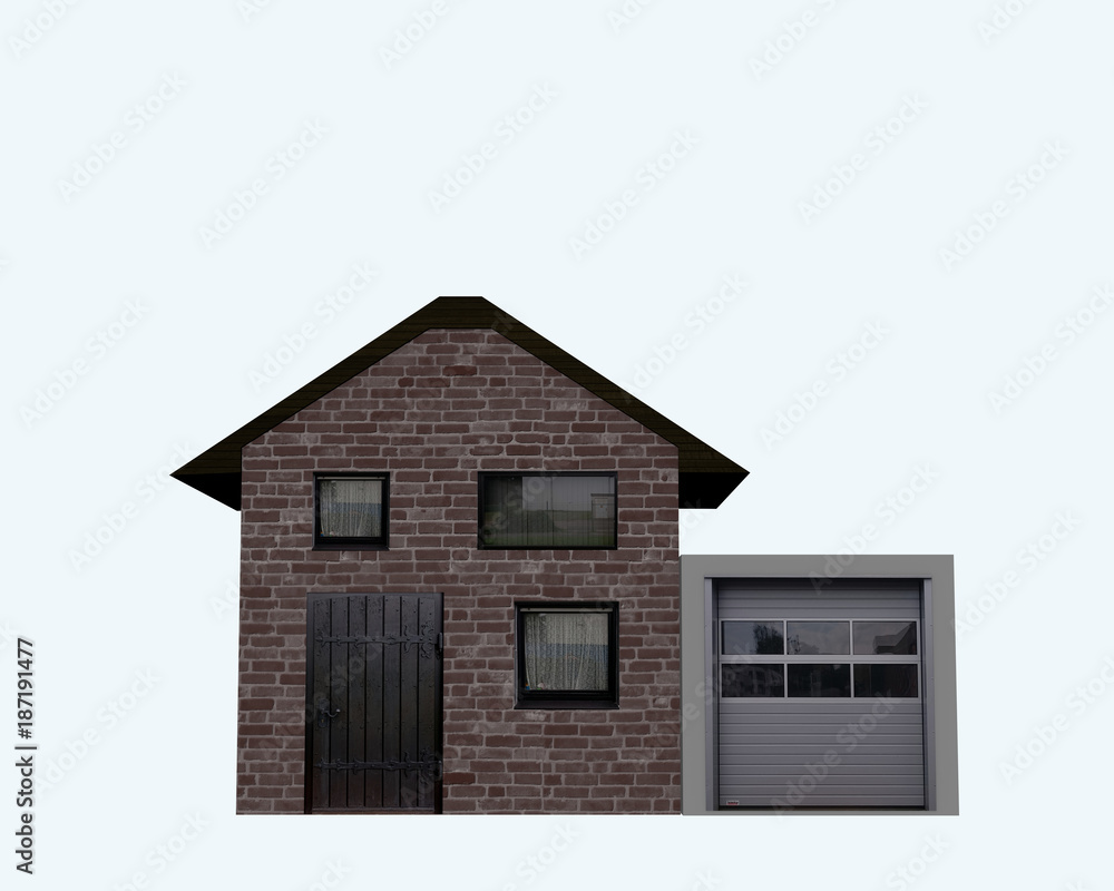 Wohnhaus mit Garage aus Vorderansicht auf weiß isoliert. 3d render