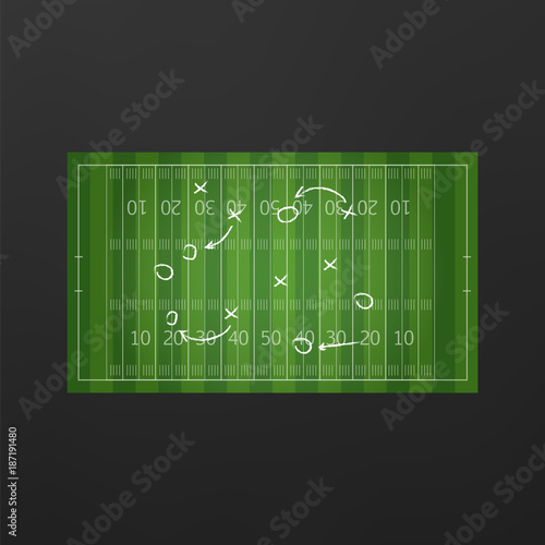 Football or soccer game strategy plan isolated on blackboard with chalk rubbed background. Football or soccer strategy board
