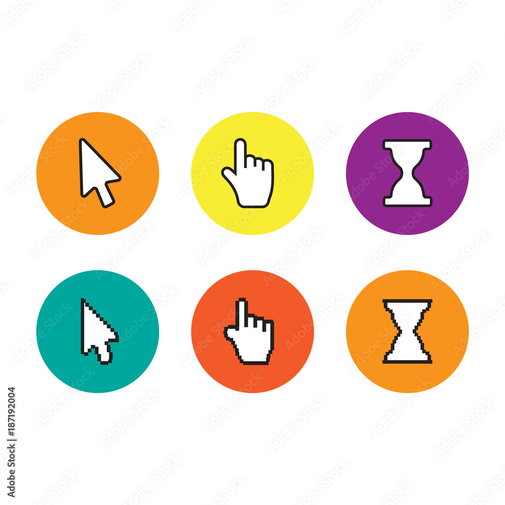 Pixel cursors icons mouse hand arrow. Mouse computer cursor. Hand arrow web cursor set Pixel cursors icons mouse hand arrow. Mouse computer cursor. Hand arrow web cursor set