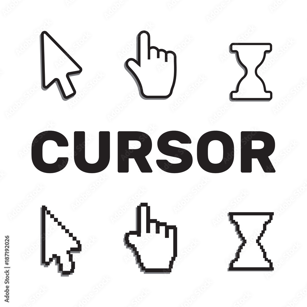 Pixel cursors icons mouse hand arrow. Mouse computer cursor. Hand arrow web cursor set Pixel cursors icons mouse hand arrow. Mouse computer cursor. Hand arrow web cursor set
