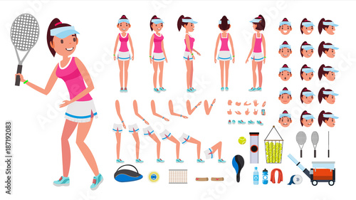Tennis Player Female Vector. Animated Character Creation Set. Tennis Player Girl, Woman. Full Length, Front, Side, Back View, Accessories, Face Emotions, Gestures. Isolated Flat Cartoon Illustration