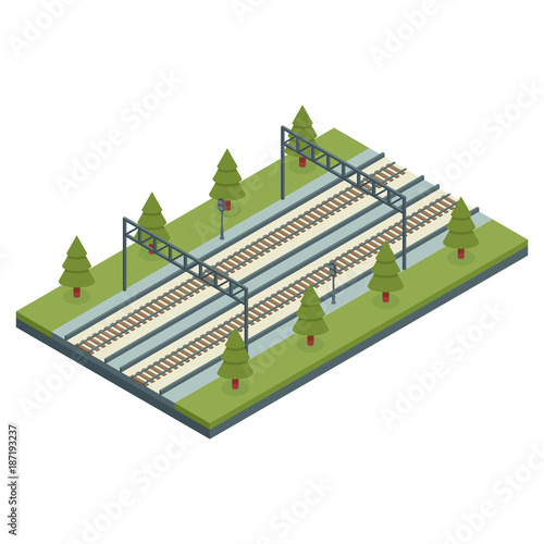 Isometric railway section with semaphores. 3d graphic.