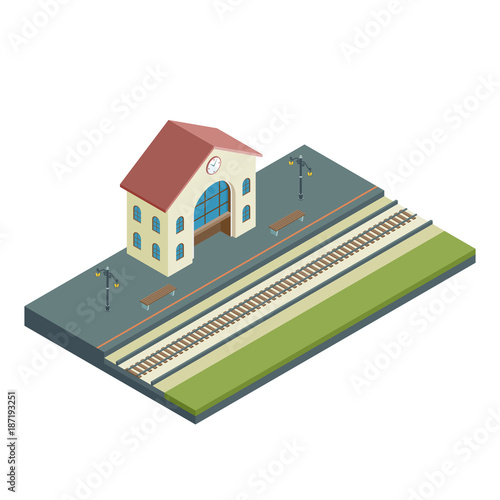 Isometric Train Station with platform and way. 3d graphic.