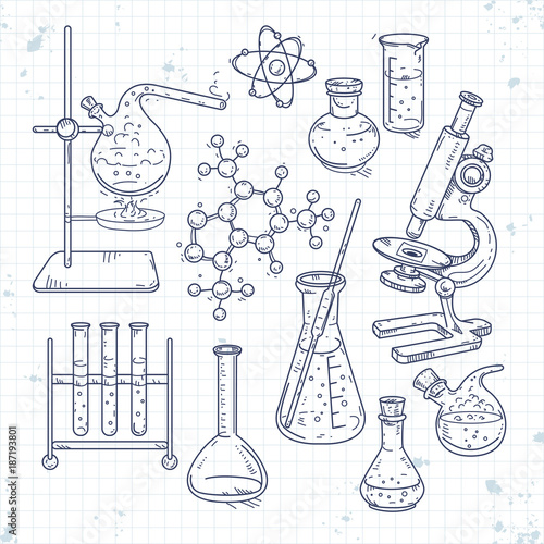 sketch set of various devices for chemical experiments