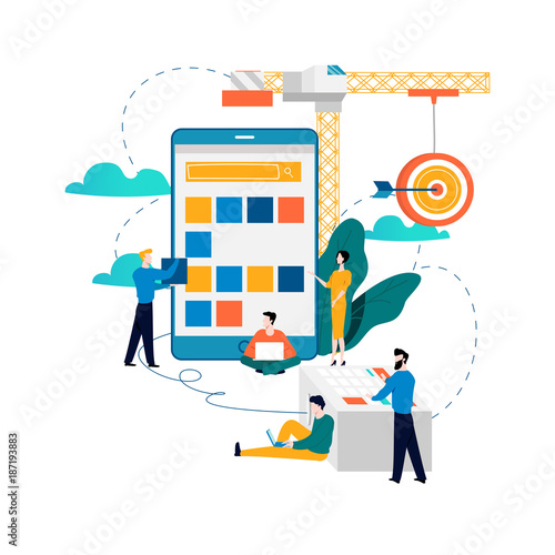 Mobile application development process flat vector illustration. Software API prototyping and testing background. Smartphone interface building process, mobile app building concept