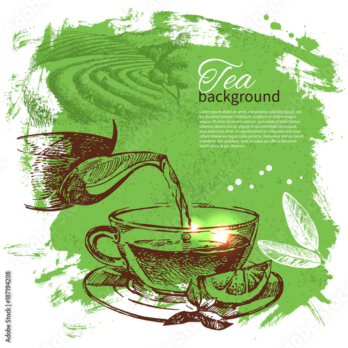 Tea vintage background. Hand drawn sketch illustration. Menu design