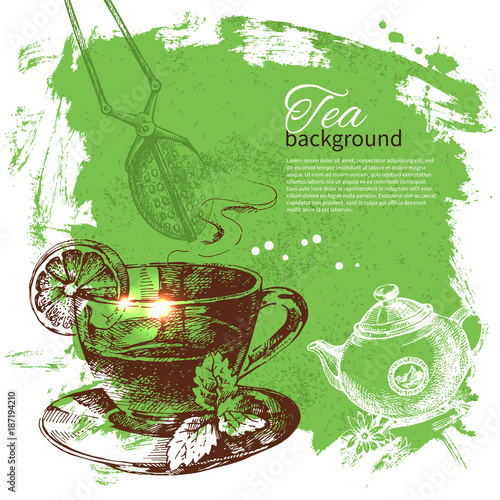 Tea vintage background. Hand drawn sketch illustration. Menu design