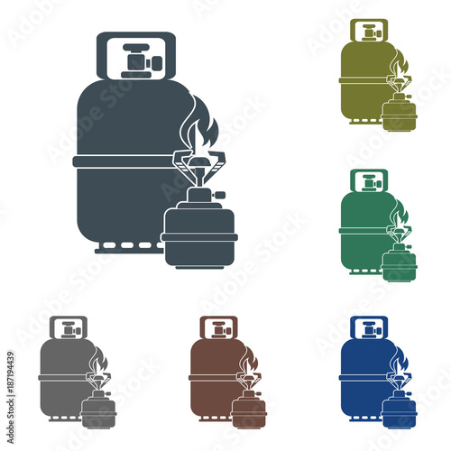 Camping stove with gas bottle icon vector