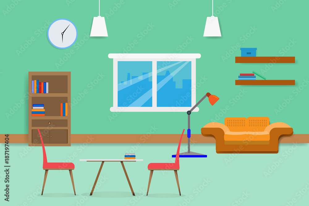 Fototapeta premium interior living room design relax with sofa Bookshelf and window in green wall background. vector illustration