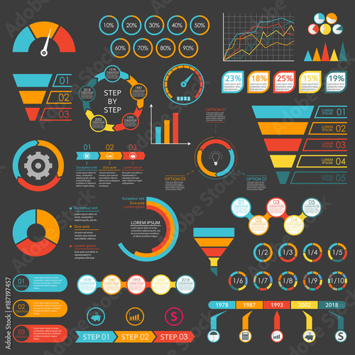 Infographics set. Funnel, chart, graph, arrows, diagram, gauge, speedometer. Infographic with 3 and 5 steps or levels. Circle chart with percentage and pie chart with sections. Vector illustration.