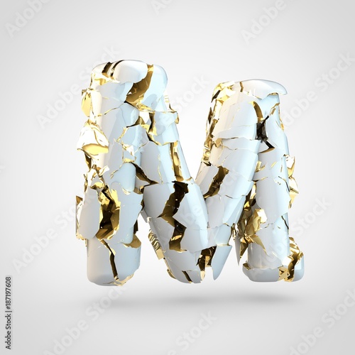 Cracked white letter M uppercase with gold inside.